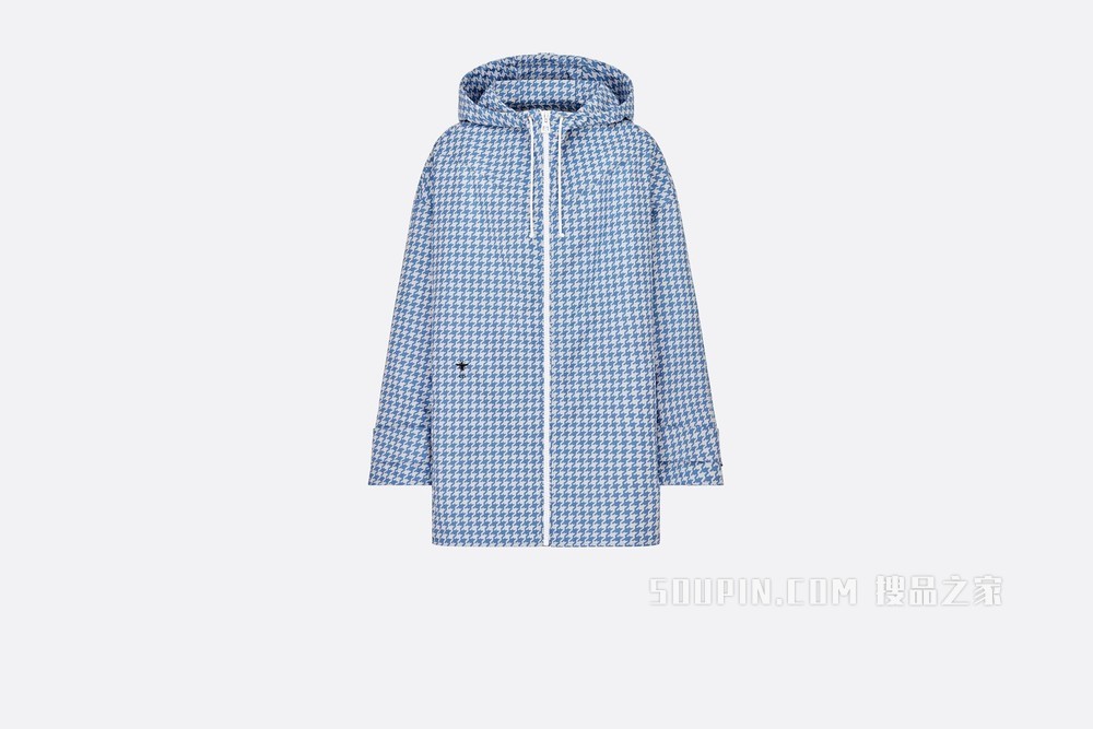 D-Way 长款防风夹克 矢车菊蓝色塔夫绸科技提花面料超大千鸟格纹图案