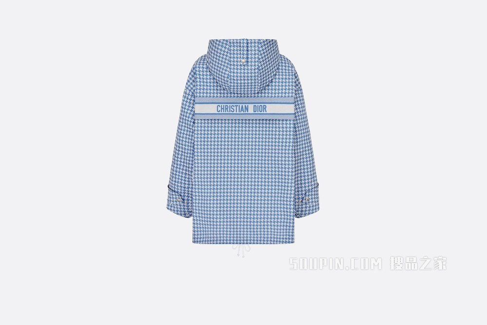 D-Way 长款防风夹克 矢车菊蓝色塔夫绸科技提花面料超大千鸟格纹图案