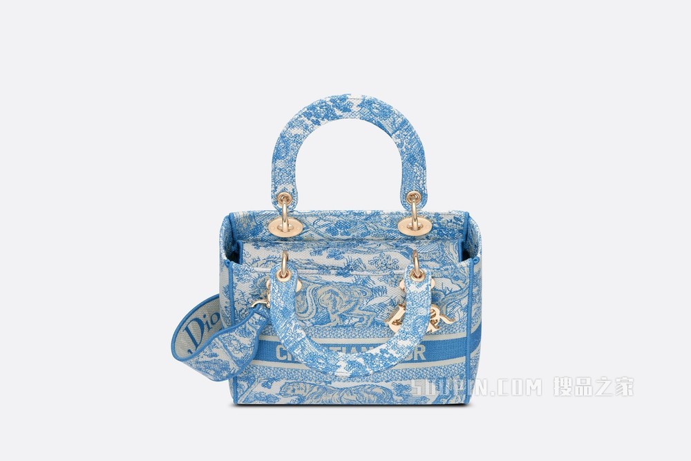 中号 Lady D-Lite 手袋 矢车菊蓝茹伊印花刺绣
