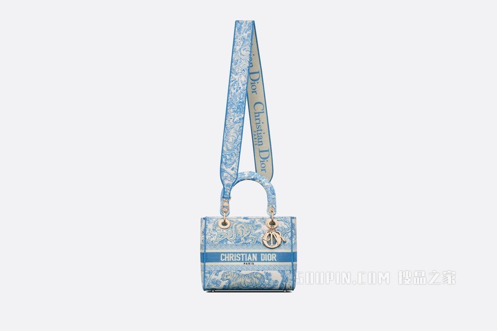 中号 Lady D-Lite 手袋 矢车菊蓝茹伊印花刺绣