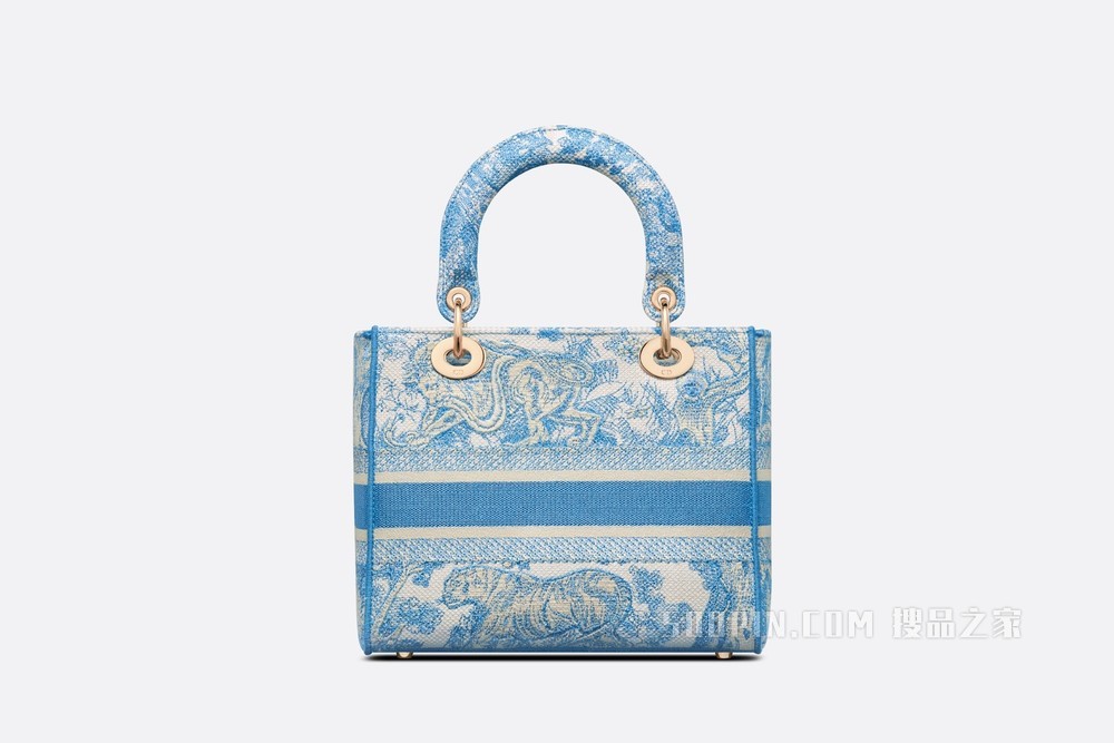 中号 Lady D-Lite 手袋 矢车菊蓝茹伊印花刺绣