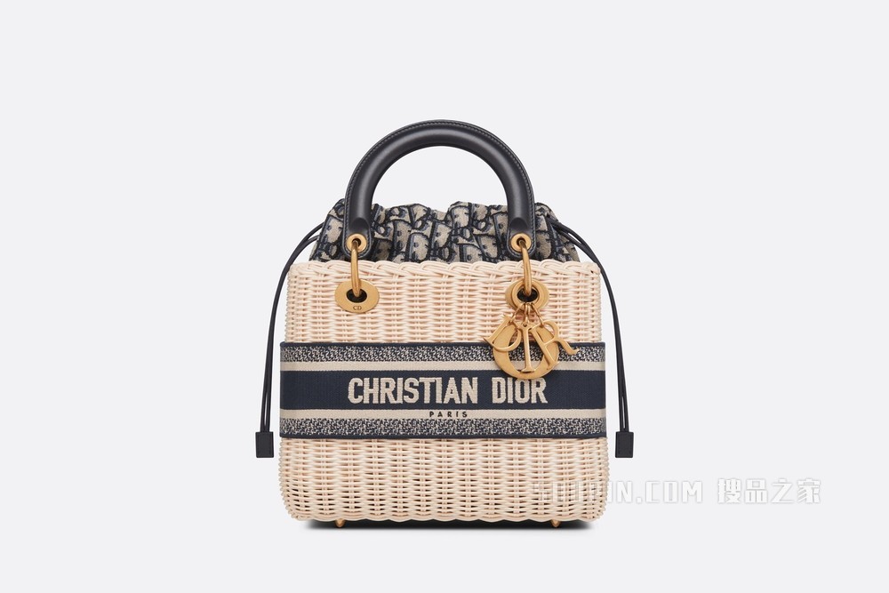 中号 Lady Dior 手袋 柳条和蓝色 Oblique 印花面料