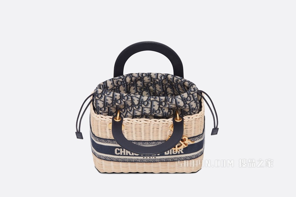 中号 Lady Dior 手袋 柳条和蓝色 Oblique 印花面料