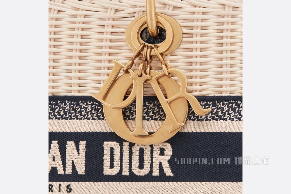 中号 Lady Dior 手袋 柳条和蓝色 Oblique 印花面料