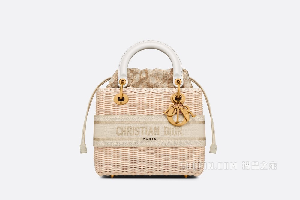 中号 Lady Dior 手袋 柳条和奶白色 Oblique 印花面料