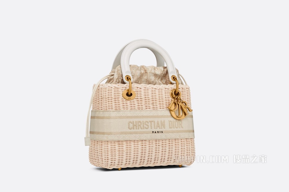 中号 Lady Dior 手袋 柳条和奶白色 Oblique 印花面料