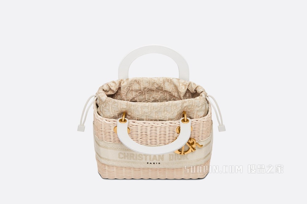 中号 Lady Dior 手袋 柳条和奶白色 Oblique 印花面料