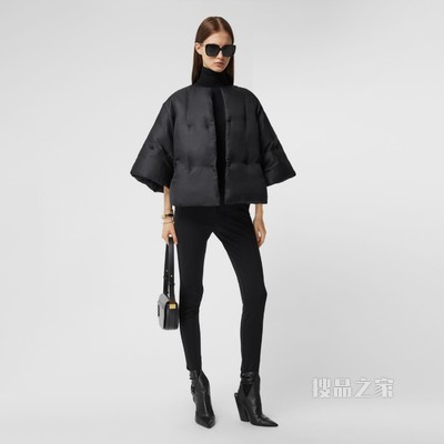丝质斜纹布羽绒服斗篷 (黑色) - 女士