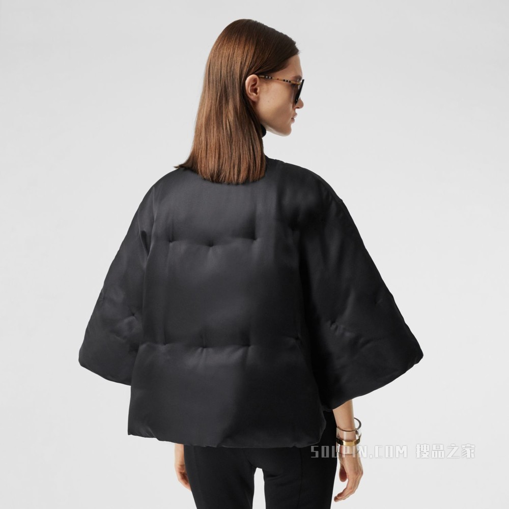 丝质斜纹布羽绒服斗篷 (黑色) - 女士