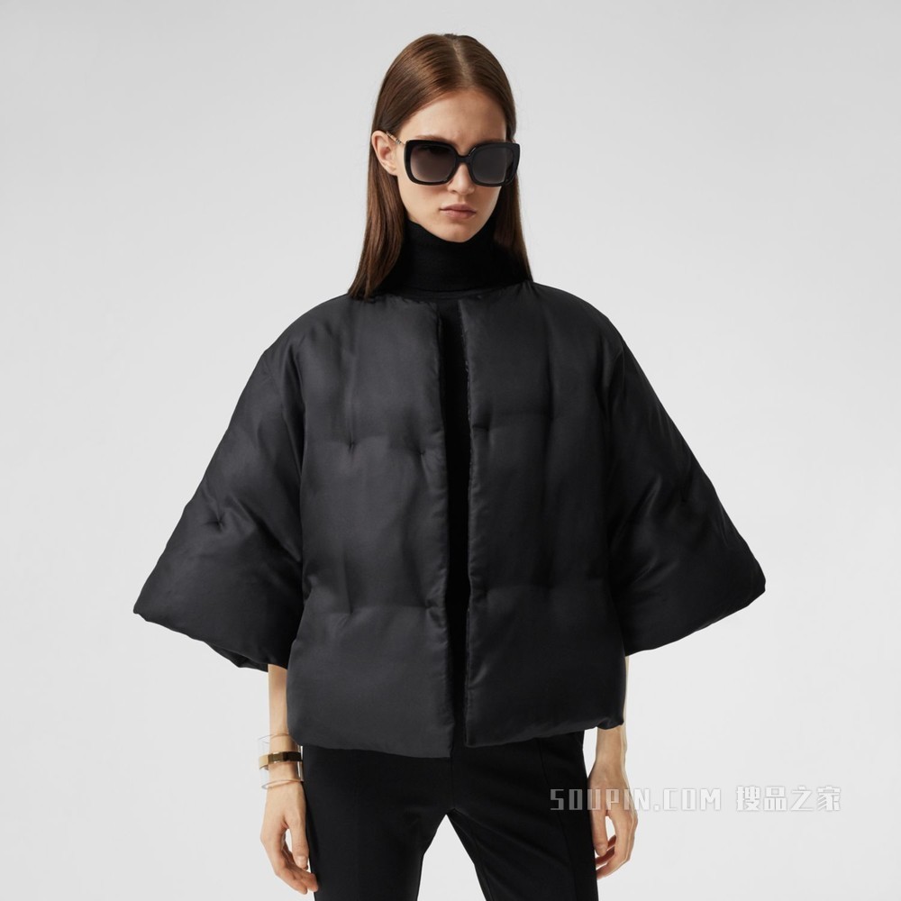 丝质斜纹布羽绒服斗篷 (黑色) - 女士