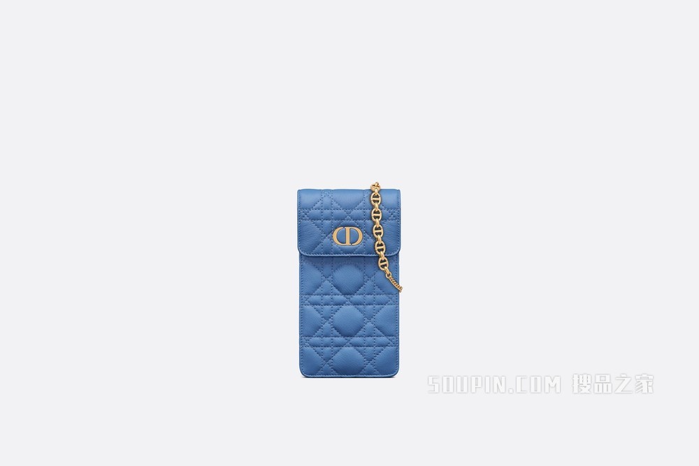 Dior Caro 手机袋 矢车菊蓝柔软牛皮革藤���纹