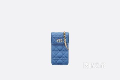 Dior Caro 手机袋 矢车菊蓝柔软牛皮革藤���纹