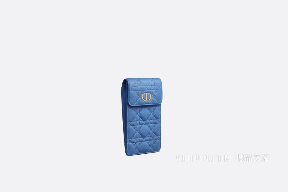 Dior Caro 手机袋 矢车菊蓝柔软牛皮革藤���纹