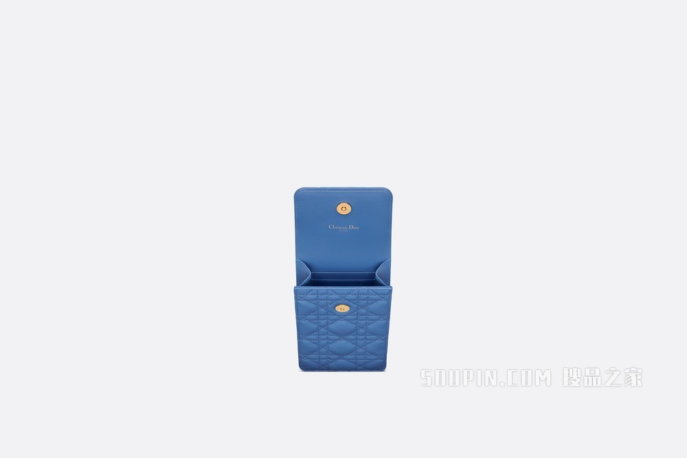 Dior Caro 手机袋 矢车菊蓝柔软牛皮革藤���纹