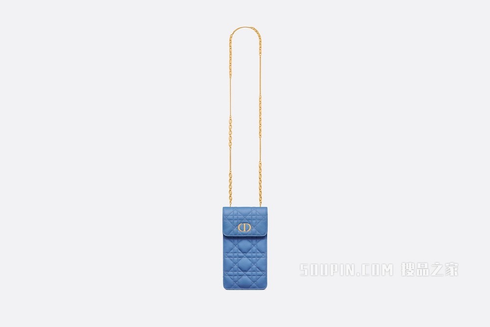 Dior Caro 手机袋 矢车菊蓝柔软牛皮革藤���纹