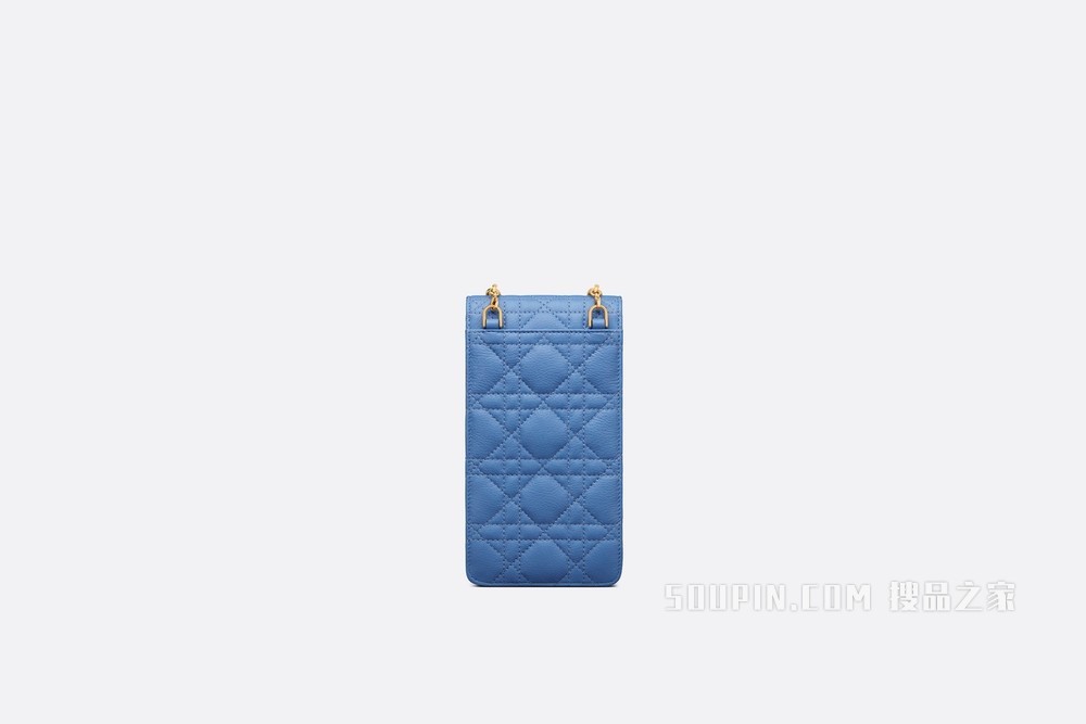 Dior Caro 手机袋 矢车菊蓝柔软牛皮革藤���纹