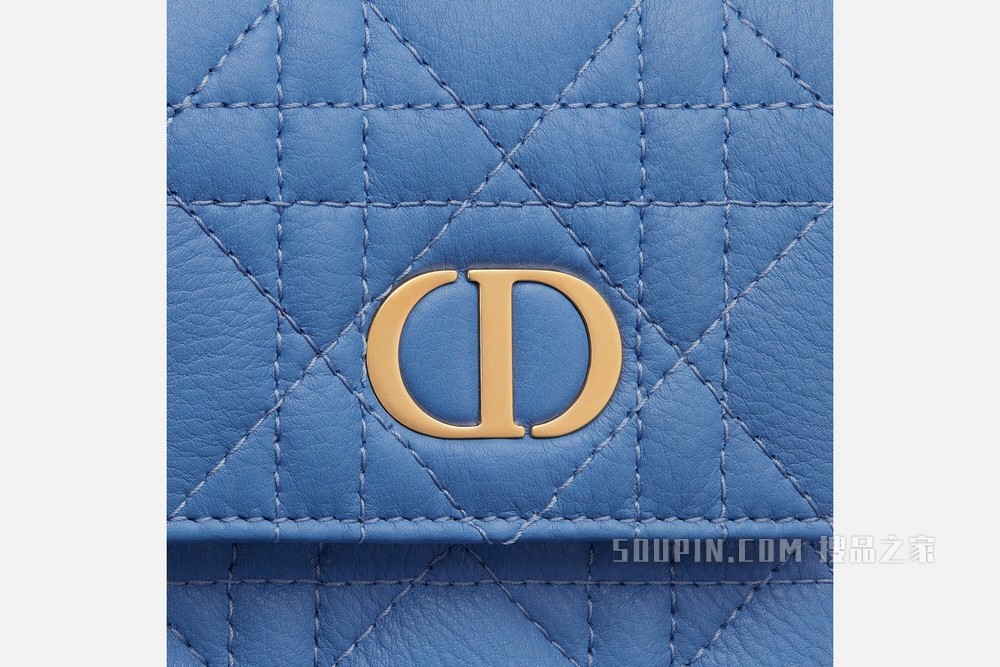 Dior Caro 手机袋 矢车菊蓝柔软牛皮革藤���纹