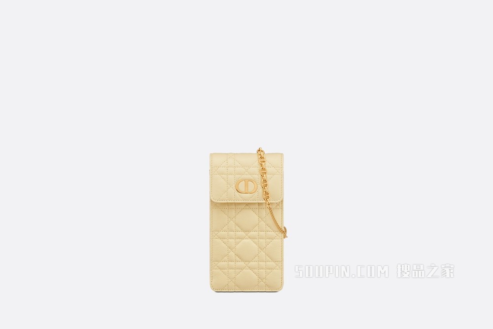 Dior Caro 手机袋 浅黄色柔软牛皮革藤格纹