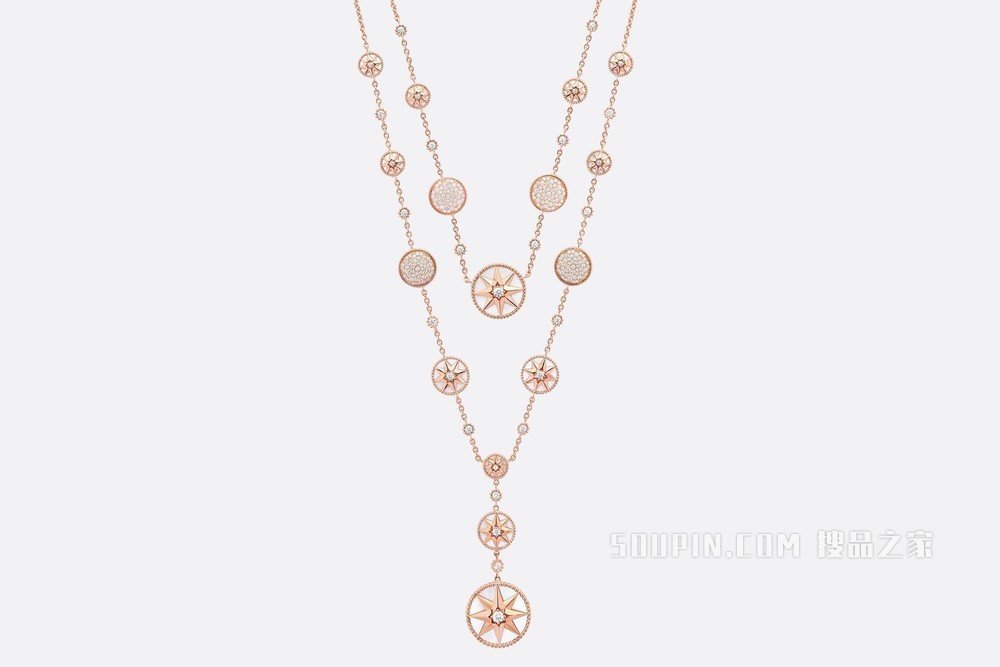 Rose des Vents 长款项链 玫瑰色 18K 金、钻石和珍珠母贝装饰