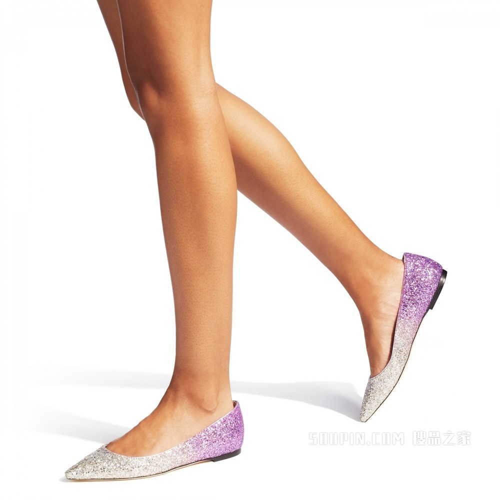 ROMY FLAT 香槟色紫罗兰粉色撞色璀璨粗粒闪粉渐变面料平底鞋