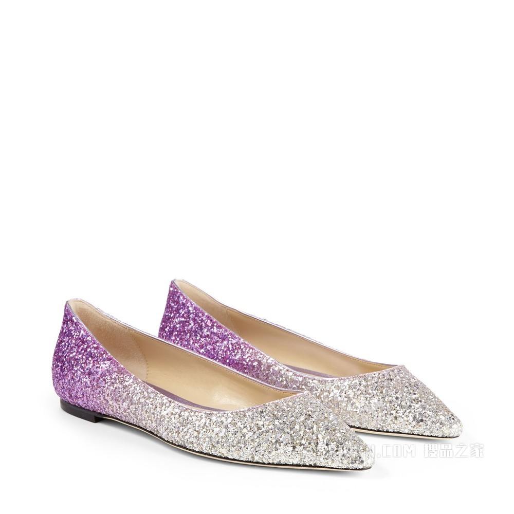 ROMY FLAT 香槟色紫罗兰粉色撞色璀璨粗粒闪粉渐变面料平底鞋
