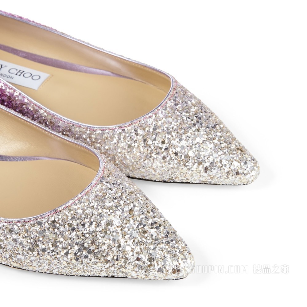 ROMY FLAT 香槟色紫罗兰粉色撞色璀璨粗粒闪粉渐变面料平底鞋