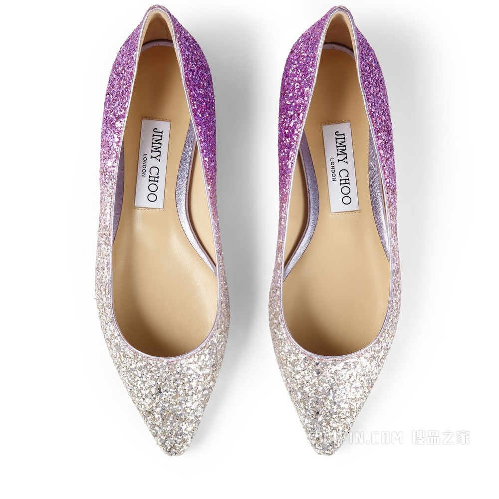 ROMY FLAT 香槟色紫罗兰粉色撞色璀璨粗粒闪粉渐变面料平底鞋