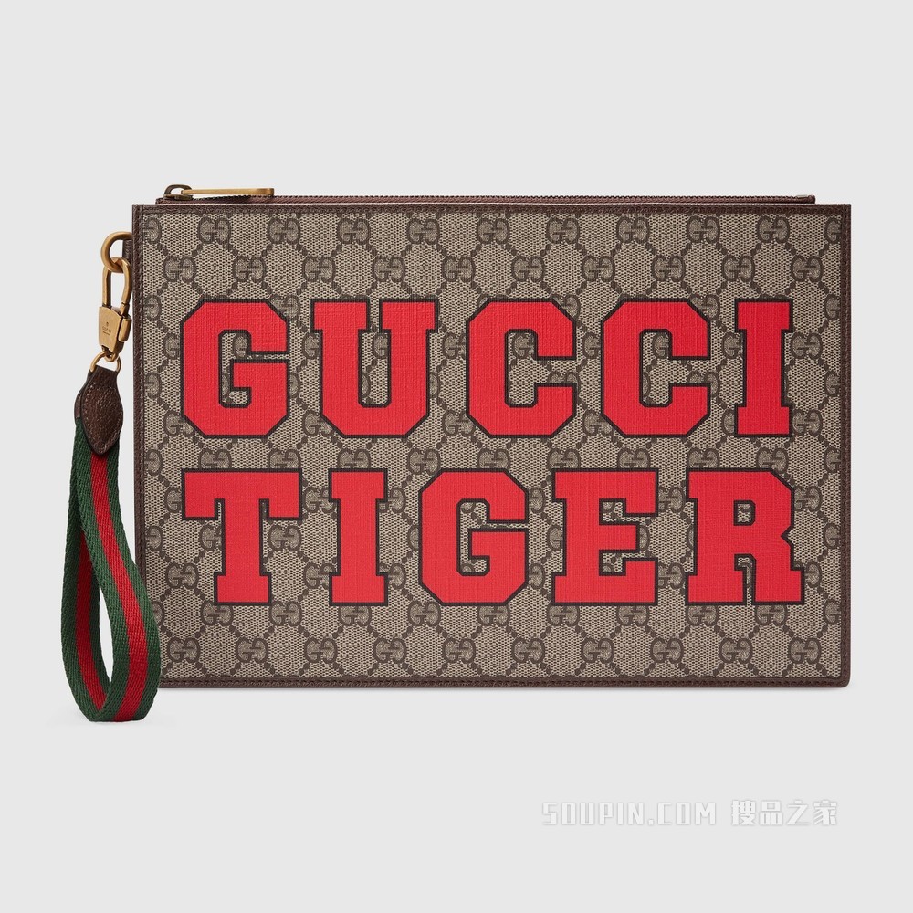 2022中国新年系列饰“Gucci Tiger”手拿包 米色和乌木色GG Supreme帆布