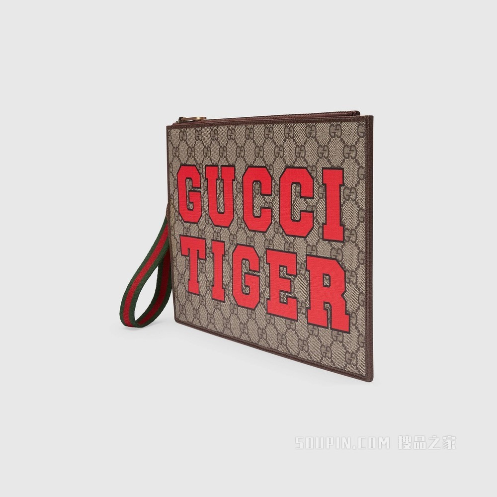 2022中国新年系列饰“Gucci Tiger”手拿包 米色和乌木色GG Supreme帆布