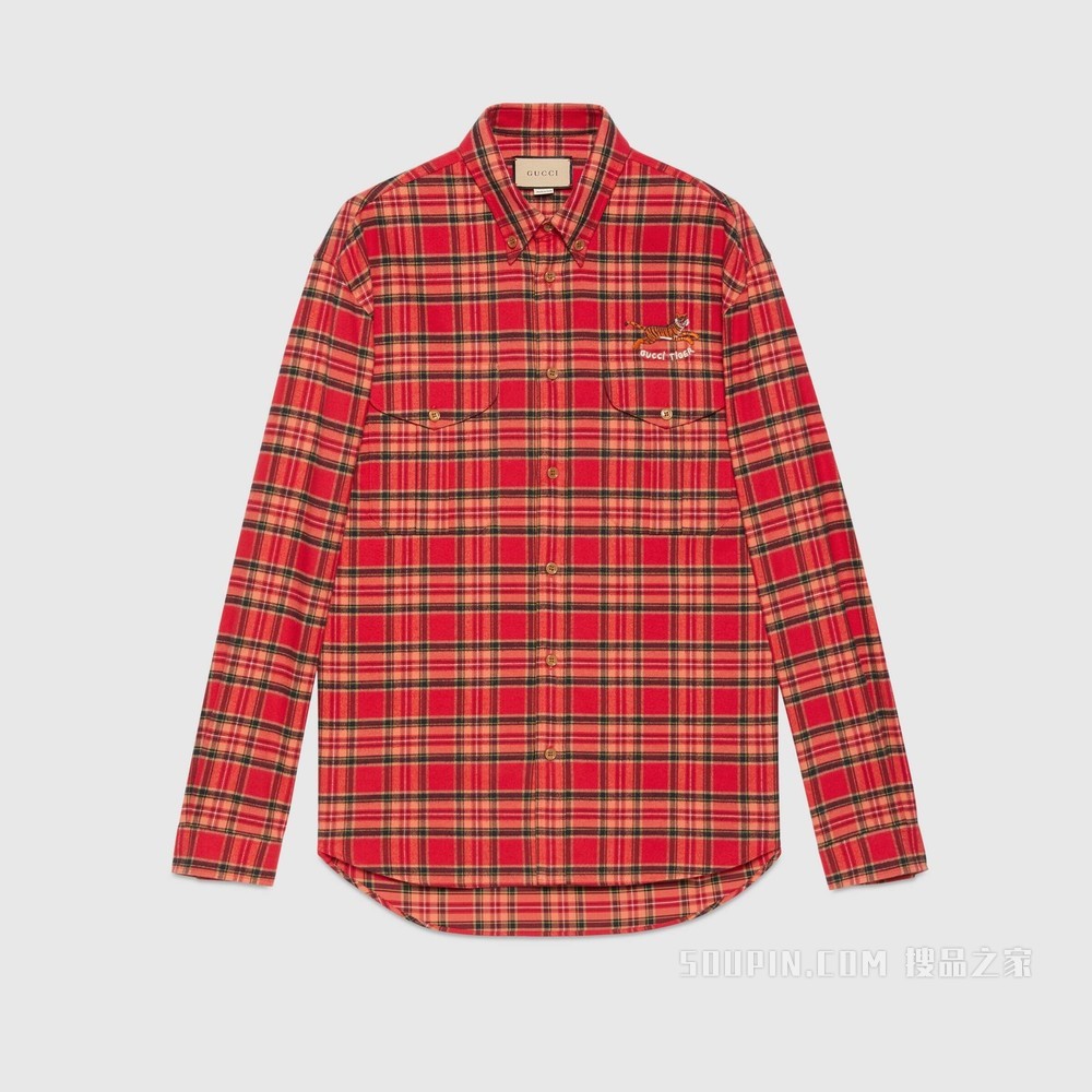 2022中国新年系列格纹棉布衬衫 红色和驼色
