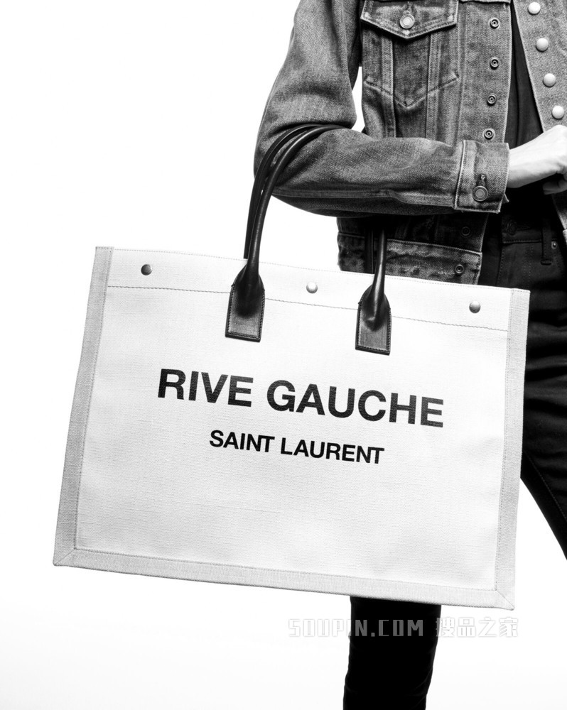 rive gauche白色亚麻和黑色真皮手提袋