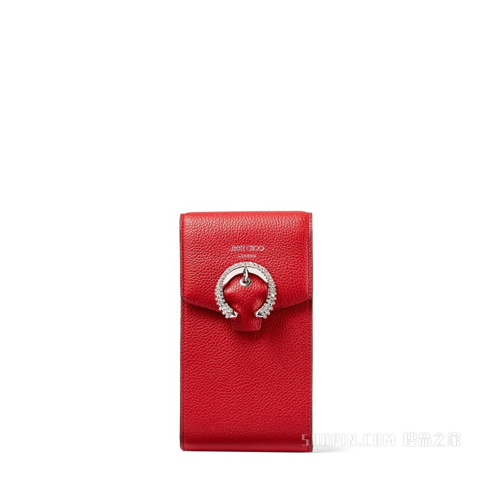 MADELINE PHONE CASE 正红色软粒纹小牛皮水晶扣手机包