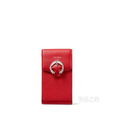 MADELINE PHONE CASE 正红色软粒纹小牛皮水晶扣手机包