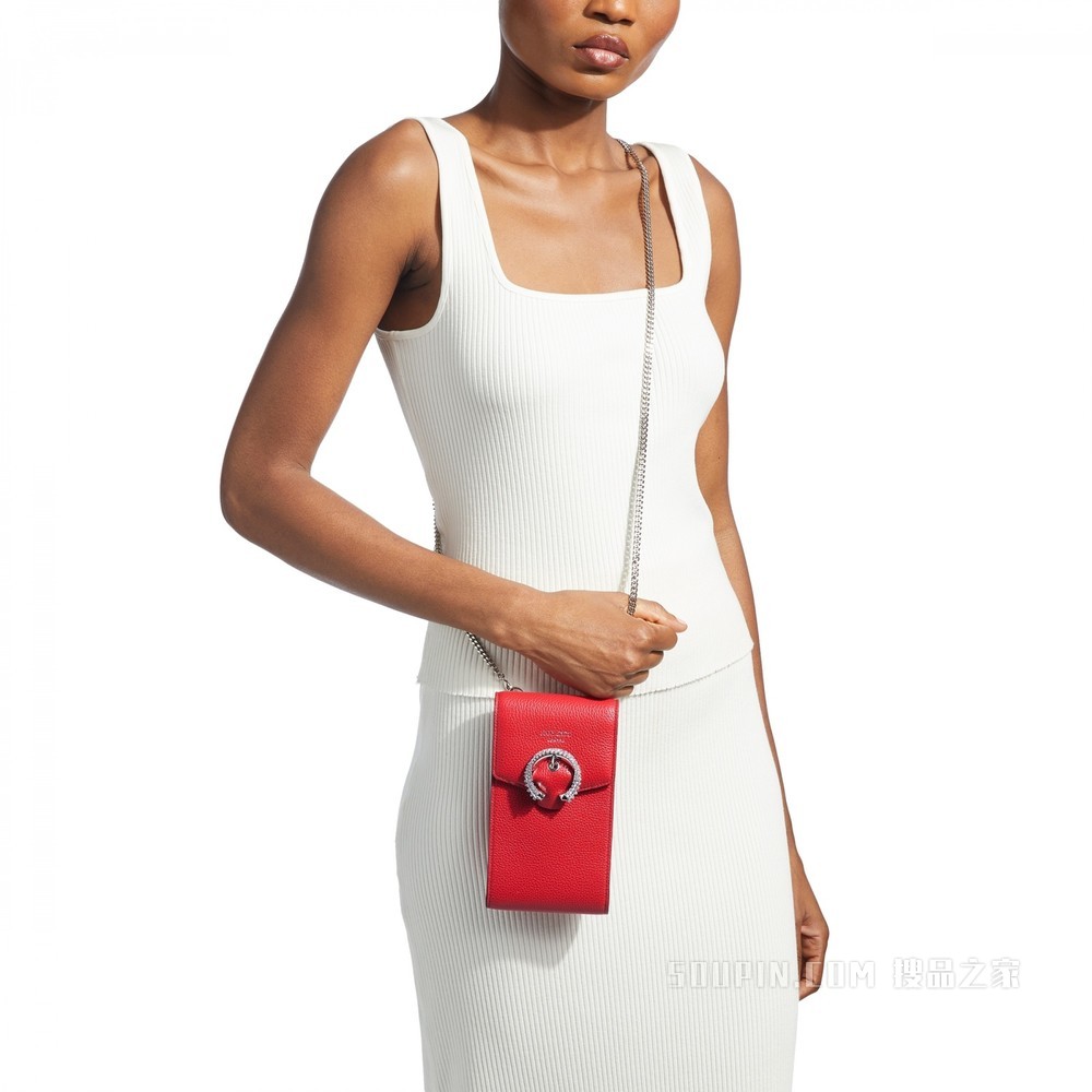 MADELINE PHONE CASE 正红色软粒纹小牛皮水晶扣手机包