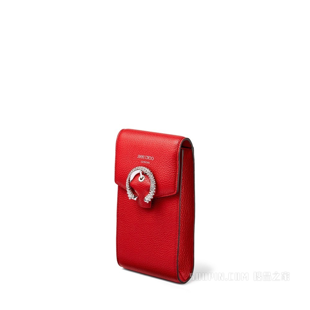 MADELINE PHONE CASE 正红色软粒纹小牛皮水晶扣手机包