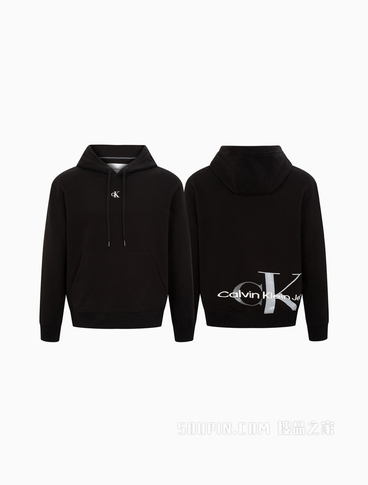 Calvin Klein 男士棉质抽绳连帽交叠LOGO卫衣J319705