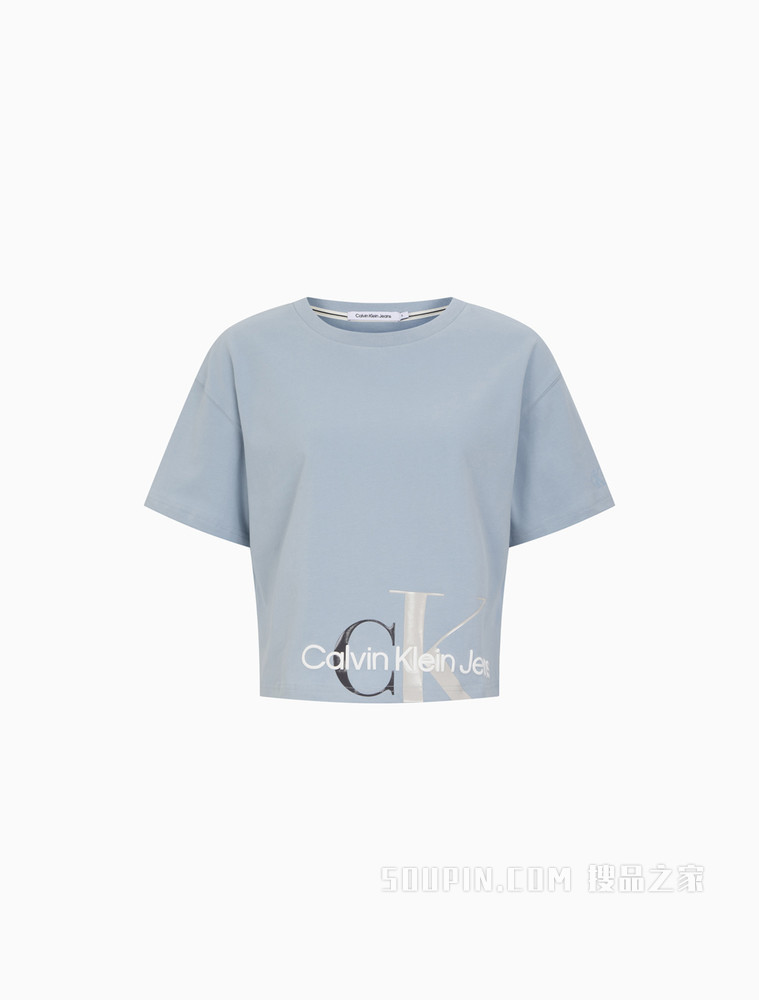 Calvin Klein 女士舒适纯棉交叠LOGO短款宽松短袖T恤J217955