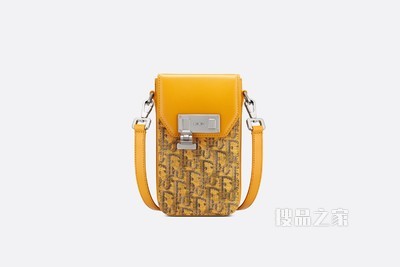 竖版手拿包 金色 Oblique 印花面料和光滑牛皮革