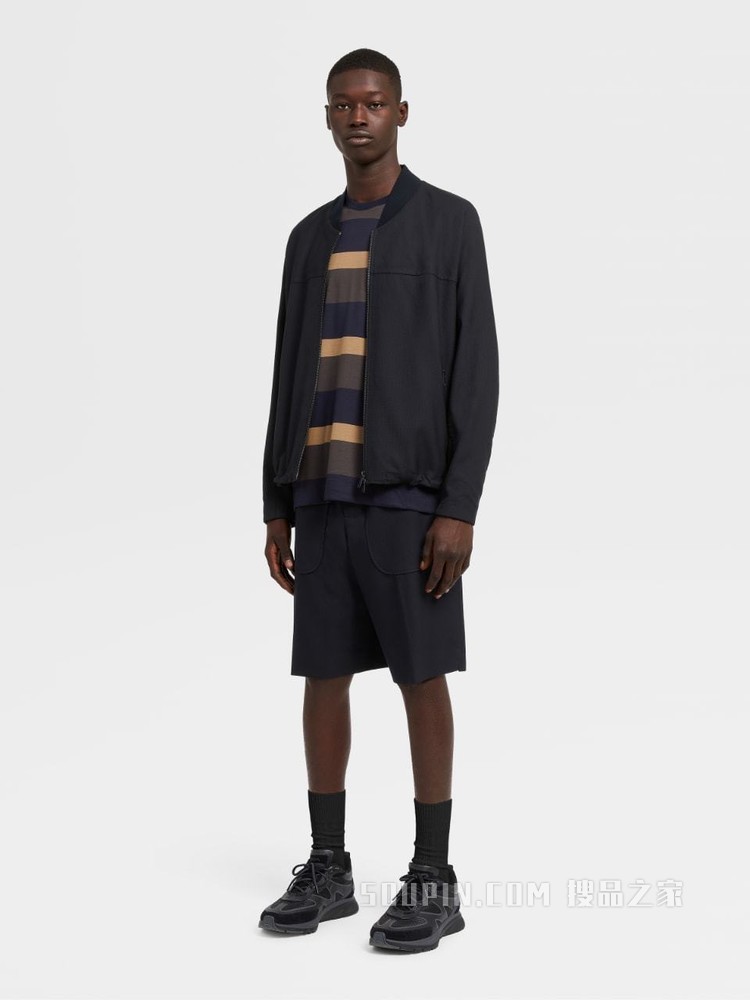 海军蓝细格纹Techmerino™Wash&Go可机洗系列羊毛飞行员夹克