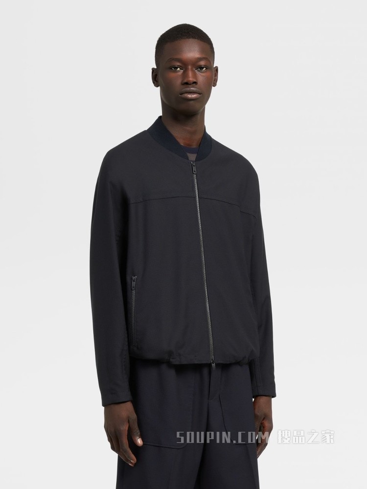 海军蓝细格纹Techmerino™Wash&Go可机洗系列羊毛飞行员夹克