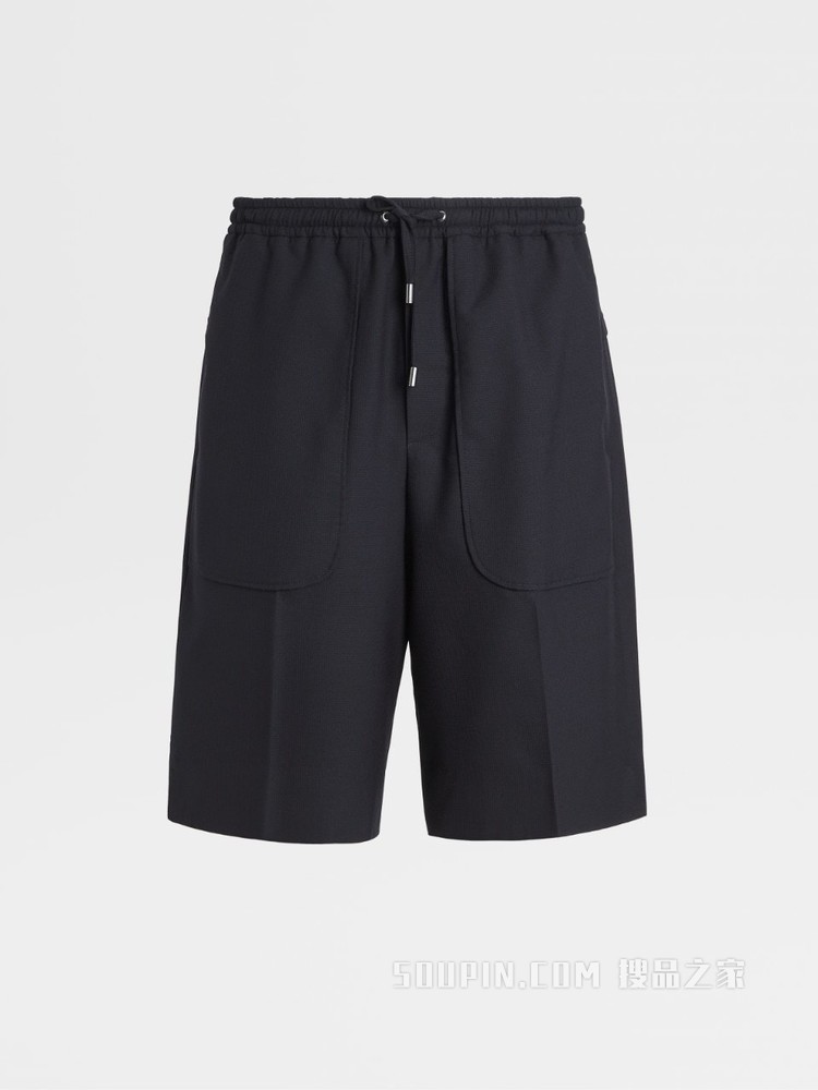 海军蓝细格纹Techmerino™Wash&Go可机洗系列羊毛百慕大慢跑裤