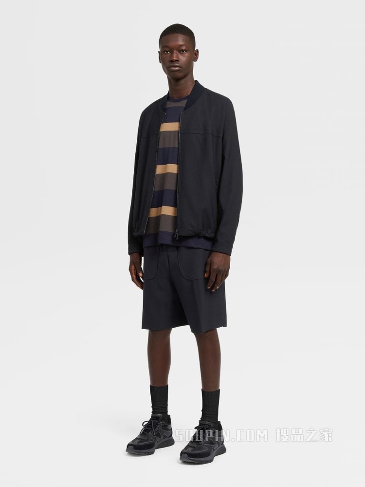 海军蓝细格纹Techmerino™Wash&Go可机洗系列羊毛百慕大慢跑裤