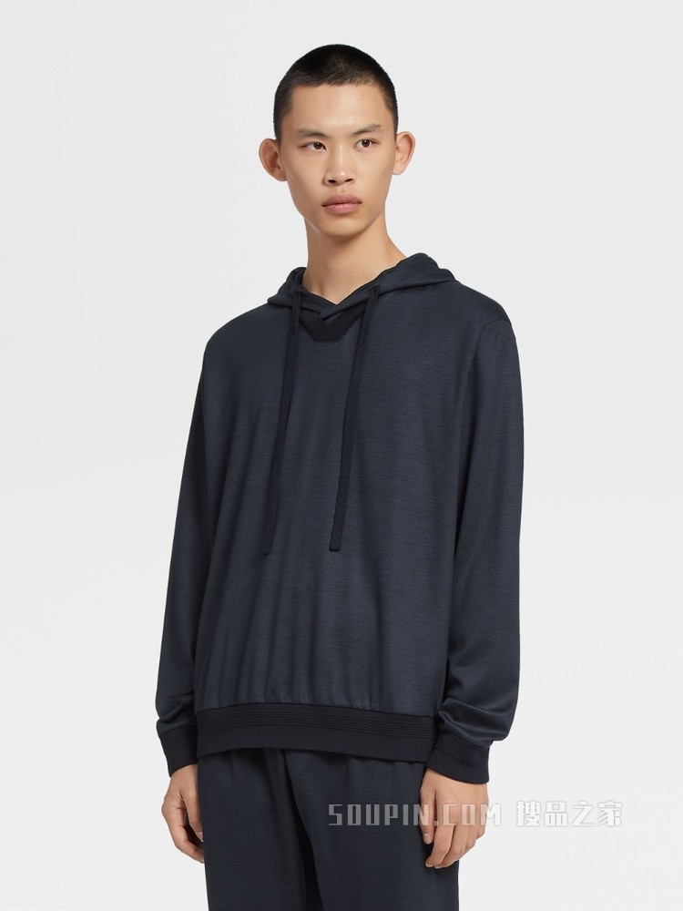 威尔士亲王格纹图案 Techmerino™ 羊毛 V 领连帽运动衫