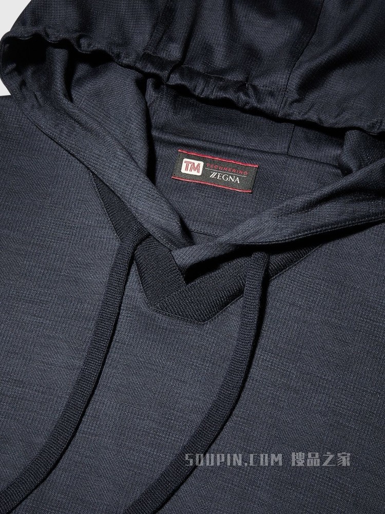 威尔士亲王格纹图案 Techmerino™ 羊毛 V 领连帽运动衫