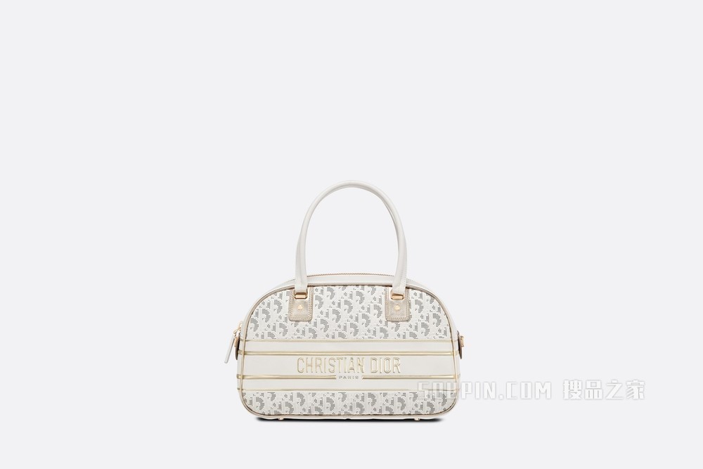 中号 Dior Vibe 经典保龄球包 白色和金色镂空牛皮革 Oblique 印花效果