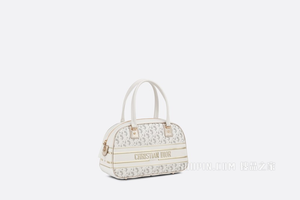 中号 Dior Vibe 经典保龄球包 白色和金色镂空牛皮革 Oblique 印花效果