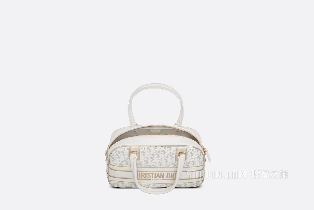 中号 Dior Vibe 经典保龄球包 白色和金色镂空牛皮革 Oblique 印花效果