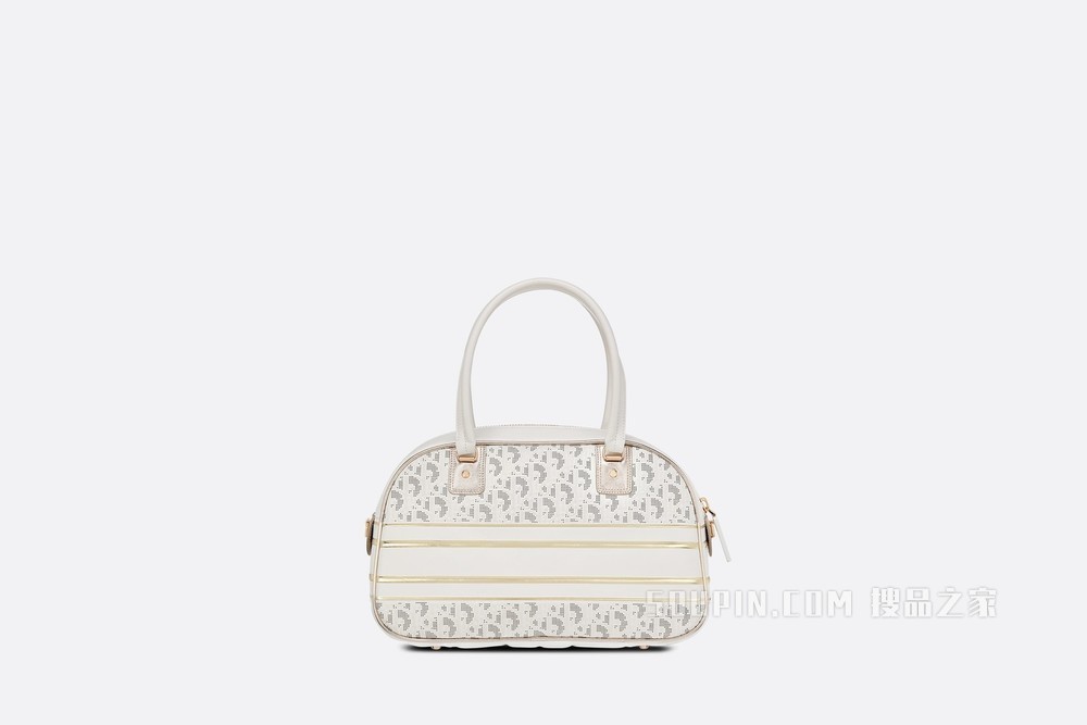 中号 Dior Vibe 经典保龄球包 白色和金色镂空牛皮革 Oblique 印花效果