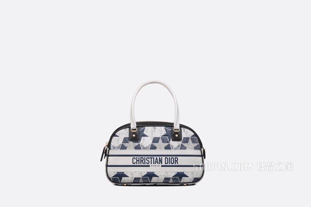 中号 Dior Vibe 经典保龄球包 蓝色和白色牛皮革 Dior Étoile 印花和镂空图案
