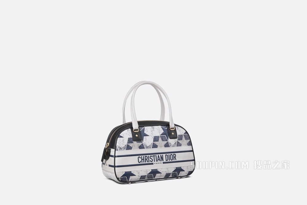 中号 Dior Vibe 经典保龄球包 蓝色和白色牛皮革 Dior Étoile 印花和镂空图案